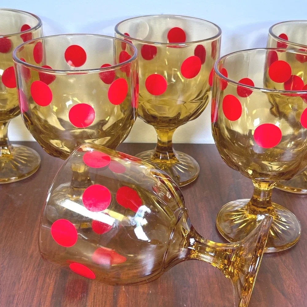 Anchor Hocking Amber Glass Red Polka Dot Goblets MCM Mid Century Barware SIX